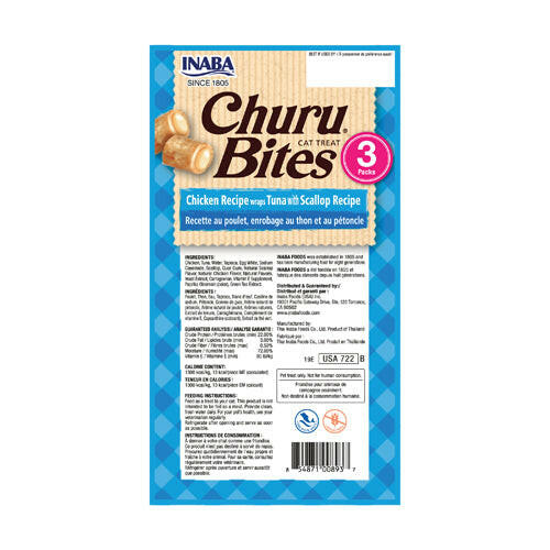 INABA Churu Churu Bites Chicken Wraps Tuna with Scallop Recipe Flavor Cat Treats USA722B, 30 g.