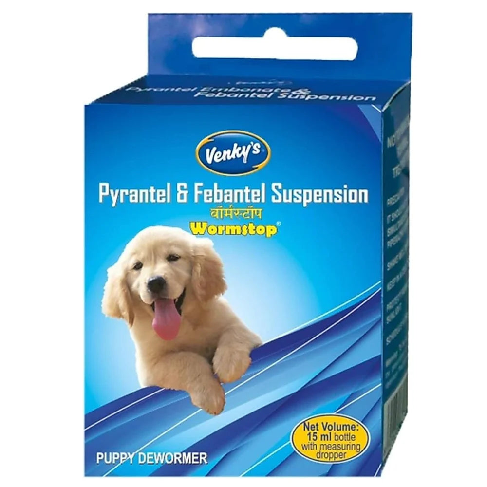 Venky's Puppy Dewormer packaging with a dog on a blue background