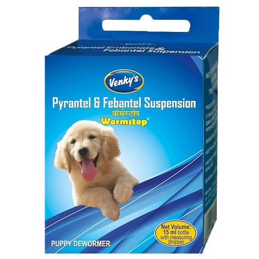 Venky's Puppy Dewormer packaging with a dog on a blue background