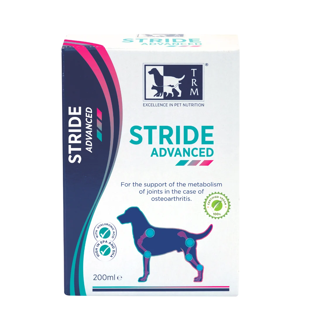 Close-up of Vetina Stride Advanced liquid joint care supplement packaging for dogs and cats.