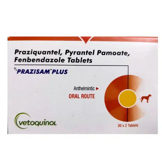 Box of Prazisam Plus tablets with Vetoquinol branding on a white background