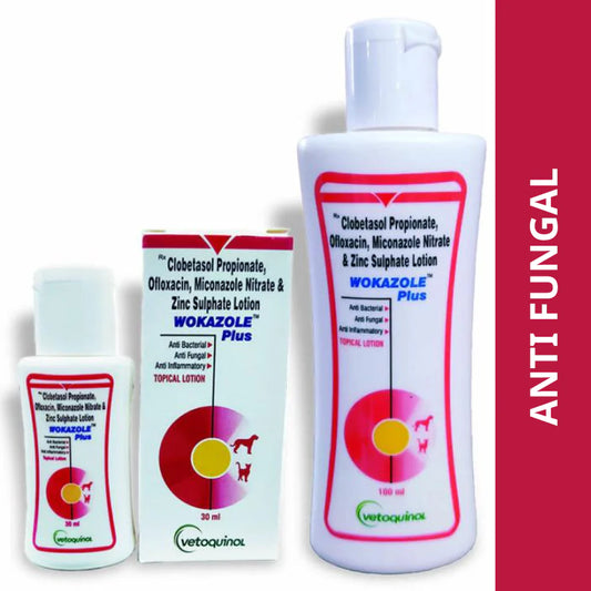 Wokazole Plus anti-fungal lotion and packaging on a white background with red text.