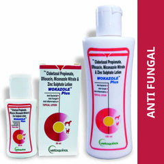 Wokazole Plus anti-fungal lotion and packaging on a white background with red text.
