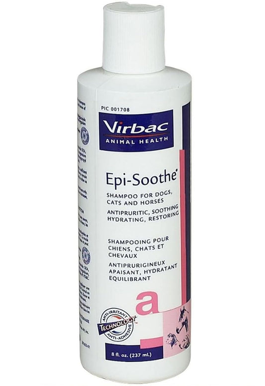 Shampoo bottle labeled 'Epi-Soothe' by Virbac on a white background