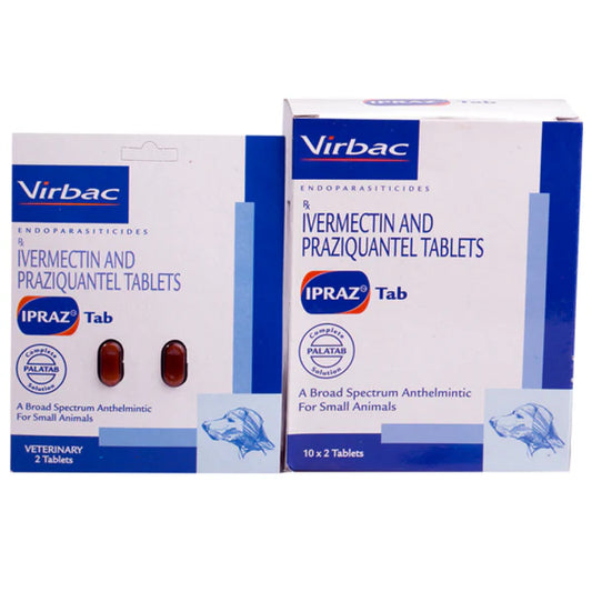 Box of Virbac Ivermectin and Praziquantel Tablets with two red tablets on a white background