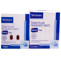 Box of Virbac Ivermectin and Praziquantel Tablets with two red tablets on a white background