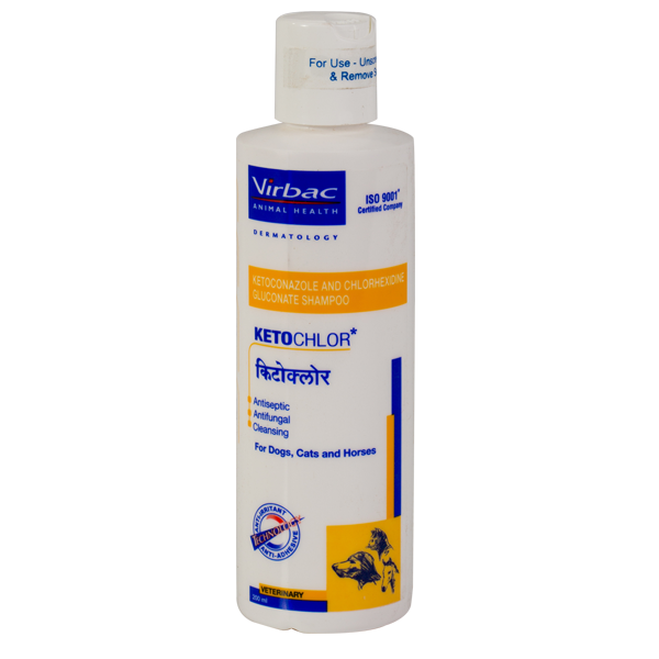 Bottle of Virbac KetoChlor shampoo on a white background
