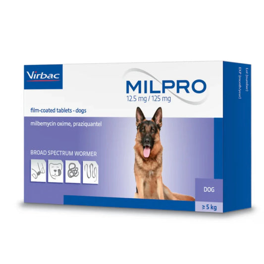 Box of Virbac Milpro for dogs with a German Shepherd on the label.