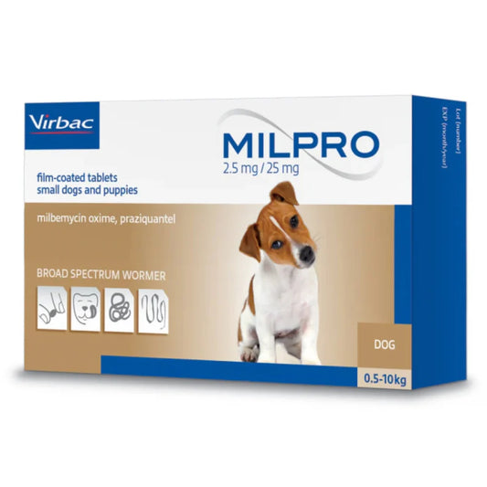 Box of Virbac Milpro for small dogs and puppies on a white background