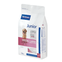 Dog food package for junior special large breed by Virbac on a white background