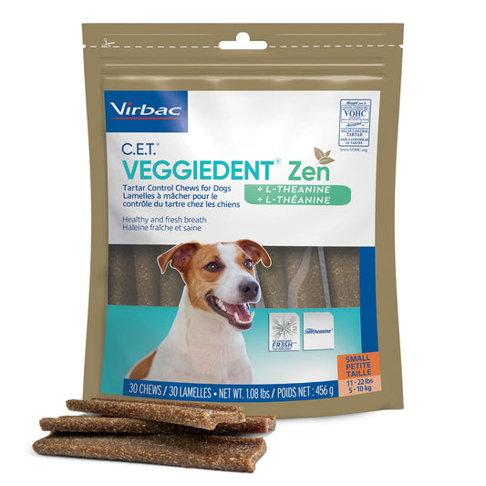 Package of Virbac C.E.T. Veggiedent Zen dog treats with a dog on the label.