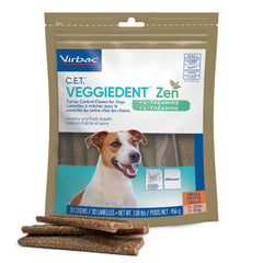 Package of Virbac C.E.T. Veggiedent Zen dog treats with a dog on the label.