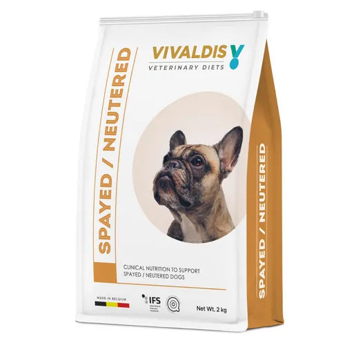 Vivaldis veterinary diets bag for spayed/neutered dogs on a white background