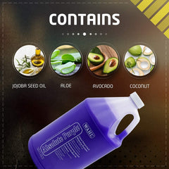 Purple bottle labeled 'Wahl' with ingredients displayed above on a dark background