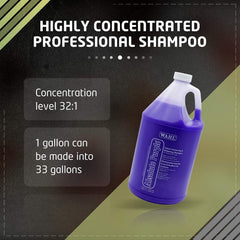 Blue gallon container of Wahl shampoo with text on concentration and usage, on a dark and light green background.