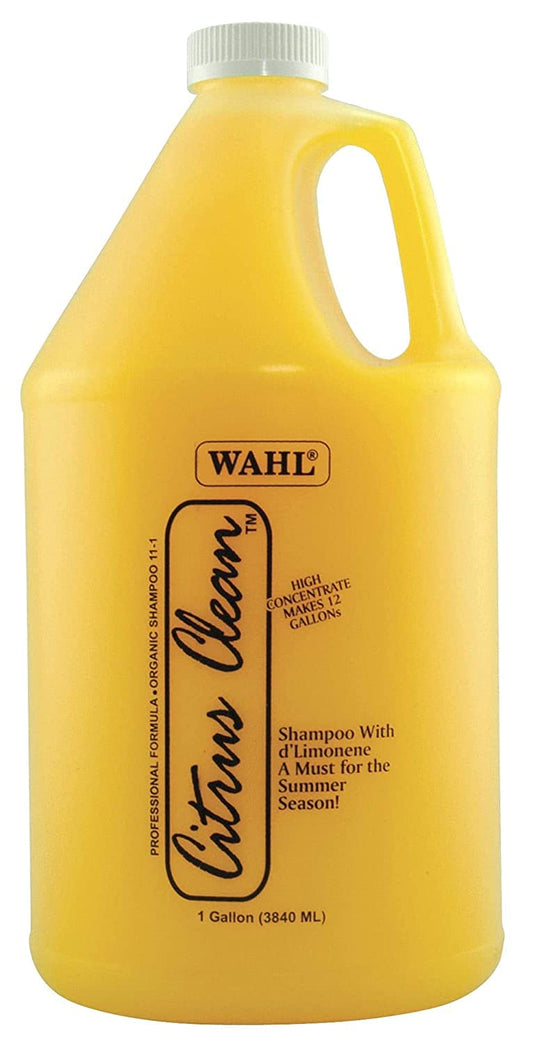 Yellow bottle of Wahl Citrus Clean shampoo on a white background