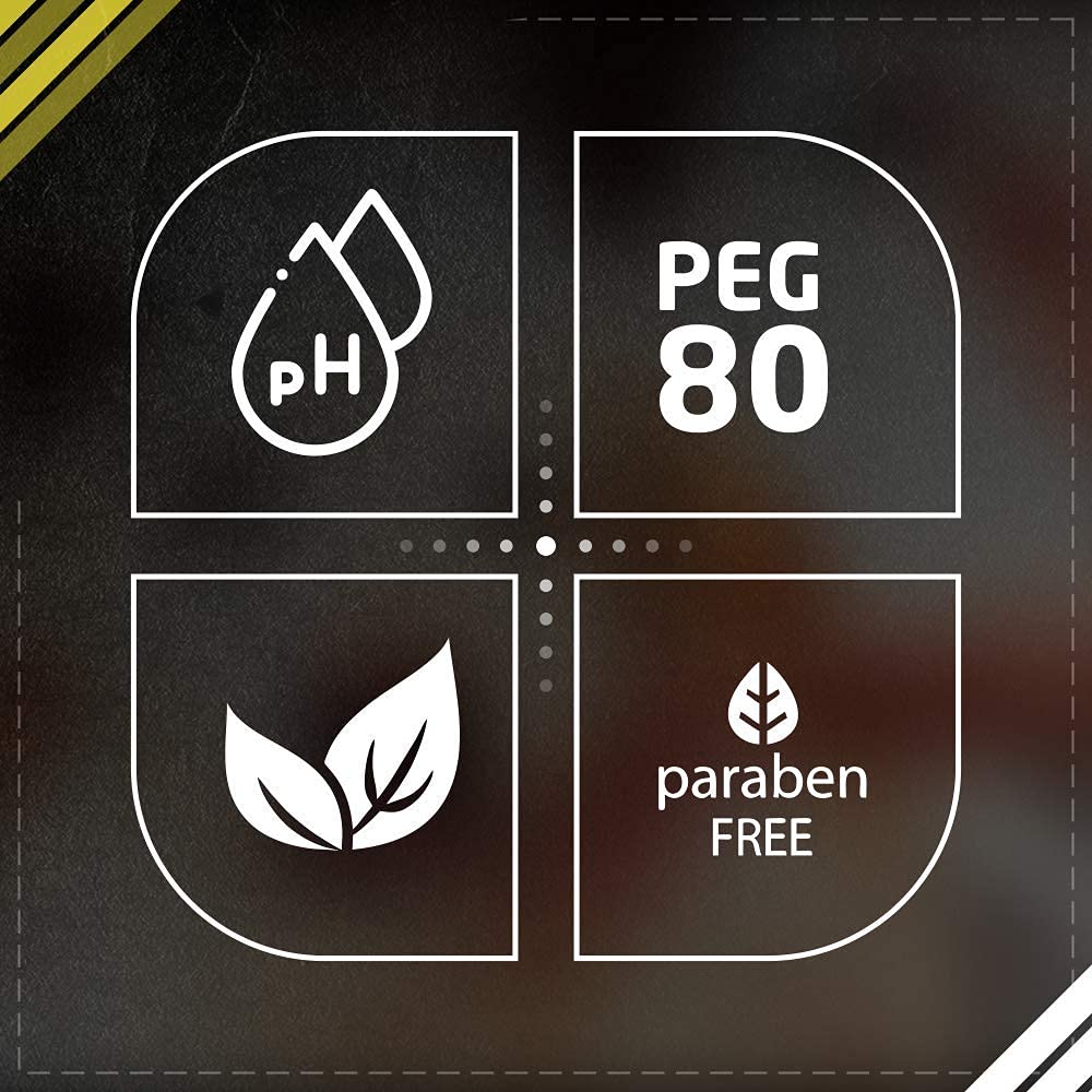 Four icons indicating pH, PEG 80, leaf symbol, and paraben-free on a dark background.