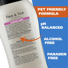 Flea and tick shampoo concentrate bottle with product details on a blue background