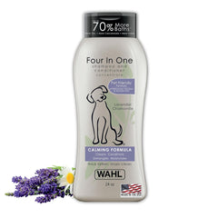 Wahl Four In One shampoo and conditioner bottle with lavender and chamomile flowers on a white background