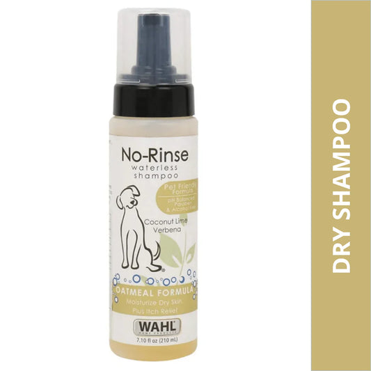 Wahl No-Rinse dry shampoo bottle with packaging on a white background