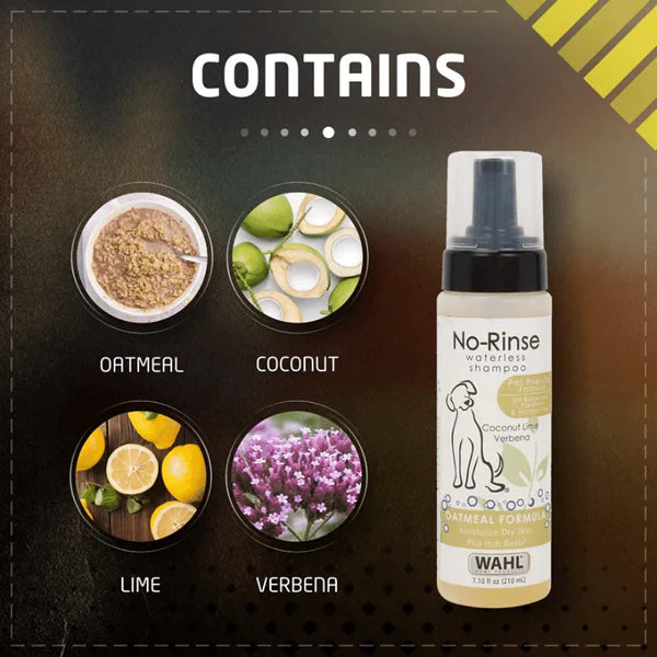 Wahl No-Rinse shampoo bottle with ingredients displayed on a dark background