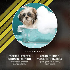 Dog in a bathtub with bubbles and text about a pet shampoo formula.