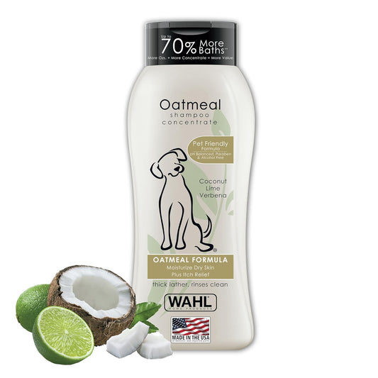 Wahl Oatmeal shampoo concentrate bottle with coconut, lime, and verbena on a white background