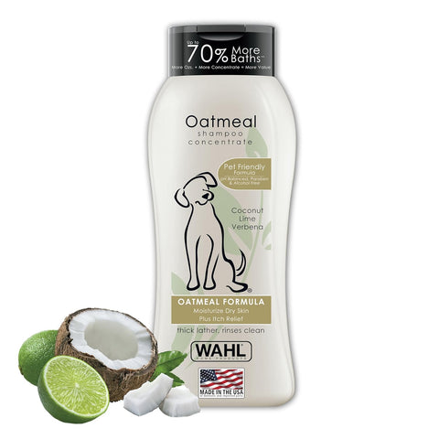 Wahl Oatmeal shampoo concentrate bottle with coconut, lime, and verbena on a white background