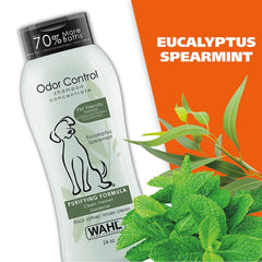 Wahl Odor Control shampoo concentrate bottle with eucalyptus and spearmint leaves on an orange background