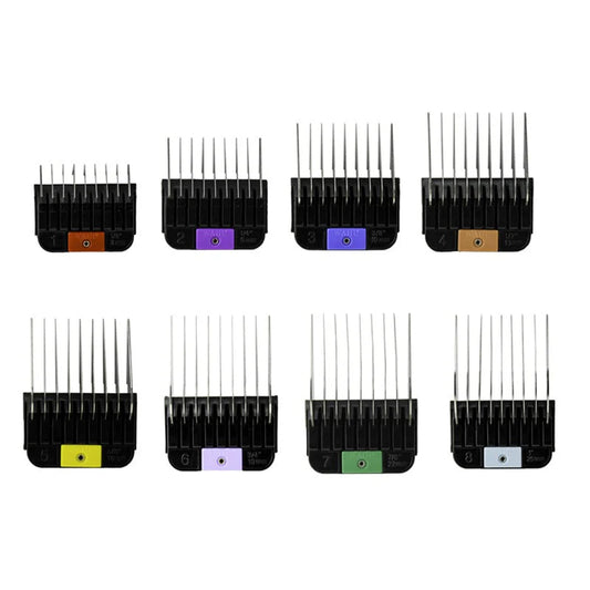 Set of black hair clipper comb attachments with various color-coded ends on a white background