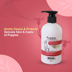 Wahl puppy shampoo bottle on a pink background with text about cleaning and protecting puppies' skin and coats.
