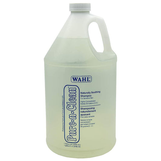 Gallon bottle of Wahl Pure-N-Clean Shampoo on a white background