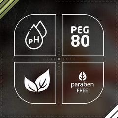 Four icons indicating pH, PEG 80, leaf symbols, and paraben-free on a dark background.