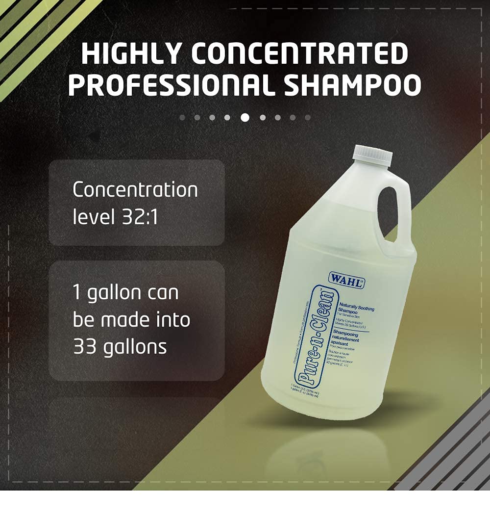 Wahl Pro-Te-Clean highly concentrated professional shampoo bottle with text on a dark background
