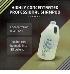 Wahl Pro-Te-Clean highly concentrated professional shampoo bottle with text on a dark background