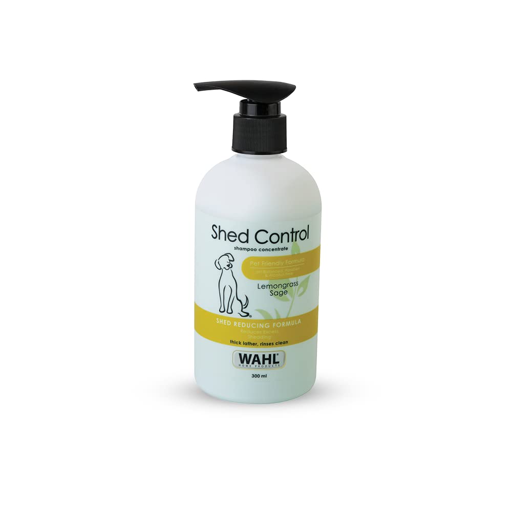 Wahl Shed Control dog shampoo bottle on a white background