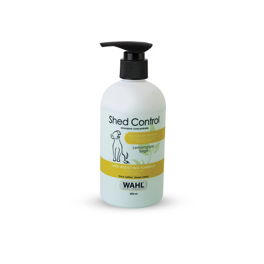 Wahl Shed Control dog shampoo bottle on a white background