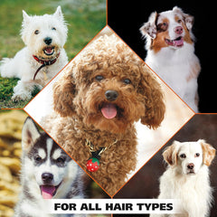 Collage of dogs with text 'FOR ALL HAIR TYPES' on a green background