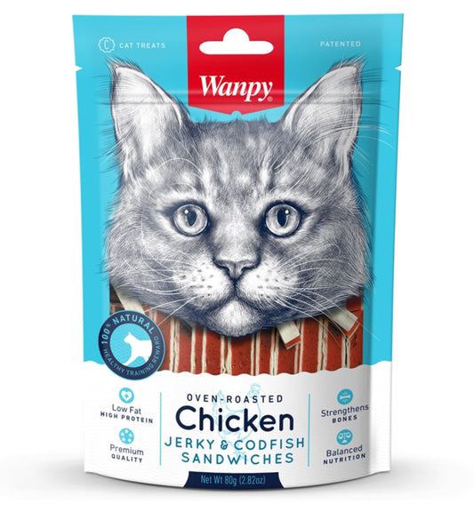 Wanpy Cat Treats Chicken Jerky & Codfish Sandwiches.