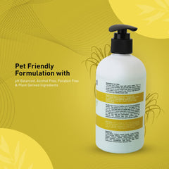 White bottle with black pump on a yellow background, featuring text about pet-friendly formulation.