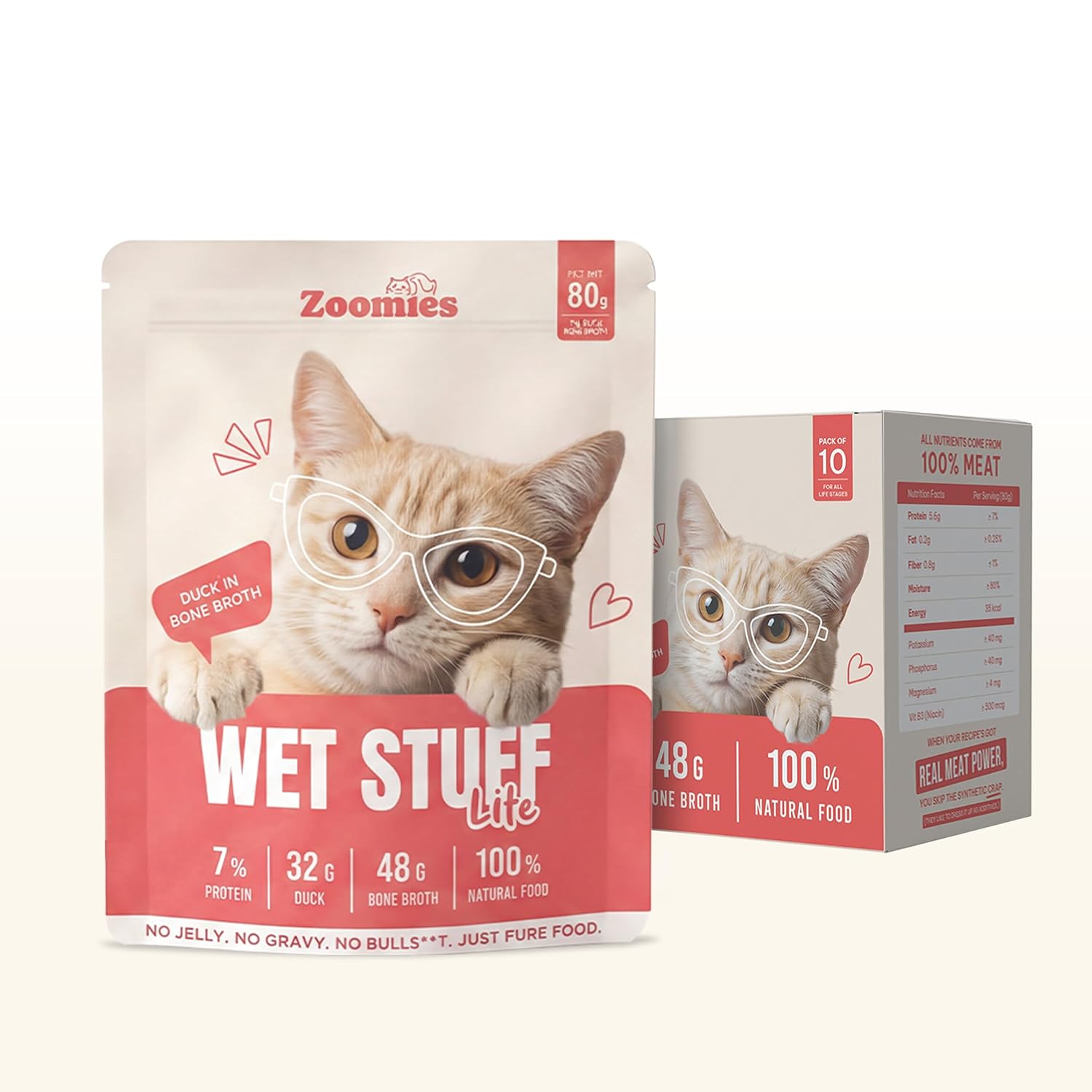Zoomies Wet Stuff Lite Wet Cat Food Duck Breast in Bone Broth 85g pouch front view