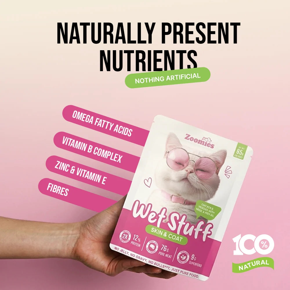 Zoomies Wet Stuff Skin & Coat wet cat food texture with real chicken