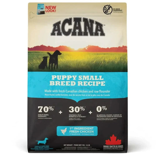 Acana Puppy Small Breed Recipe dog food packaging with sunset design