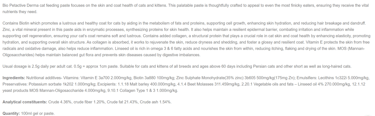 Bio Petactive Derma Cat Paste 100ml for Skin & Coat - dspetstore.com