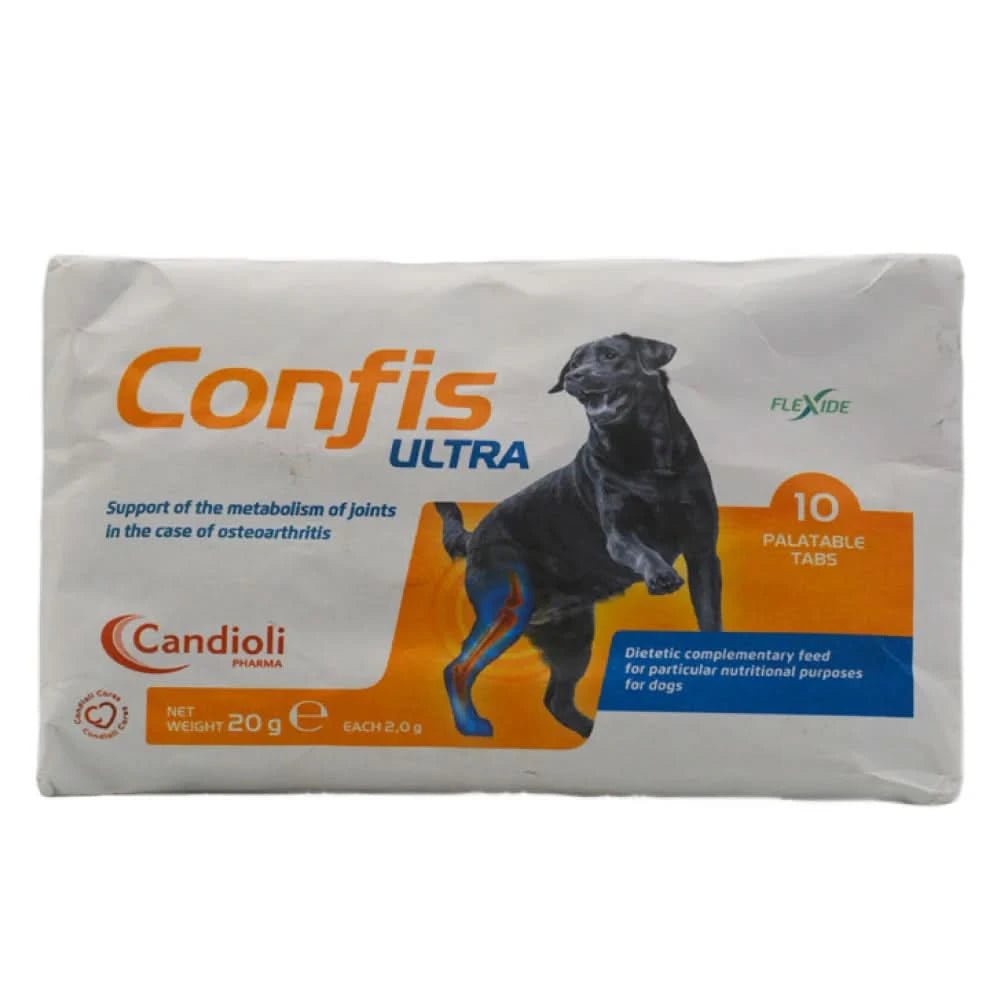 Pack of Confis Ultra dog supplement with a black dog illustration on a white background