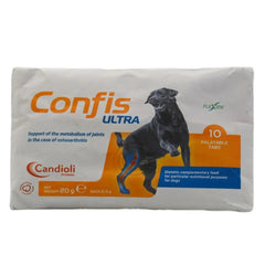 Pack of Confis Ultra dog supplement with a black dog illustration on a white background