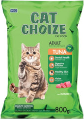 Cat food package labeled 'Cat Choize' with a cat on a green background