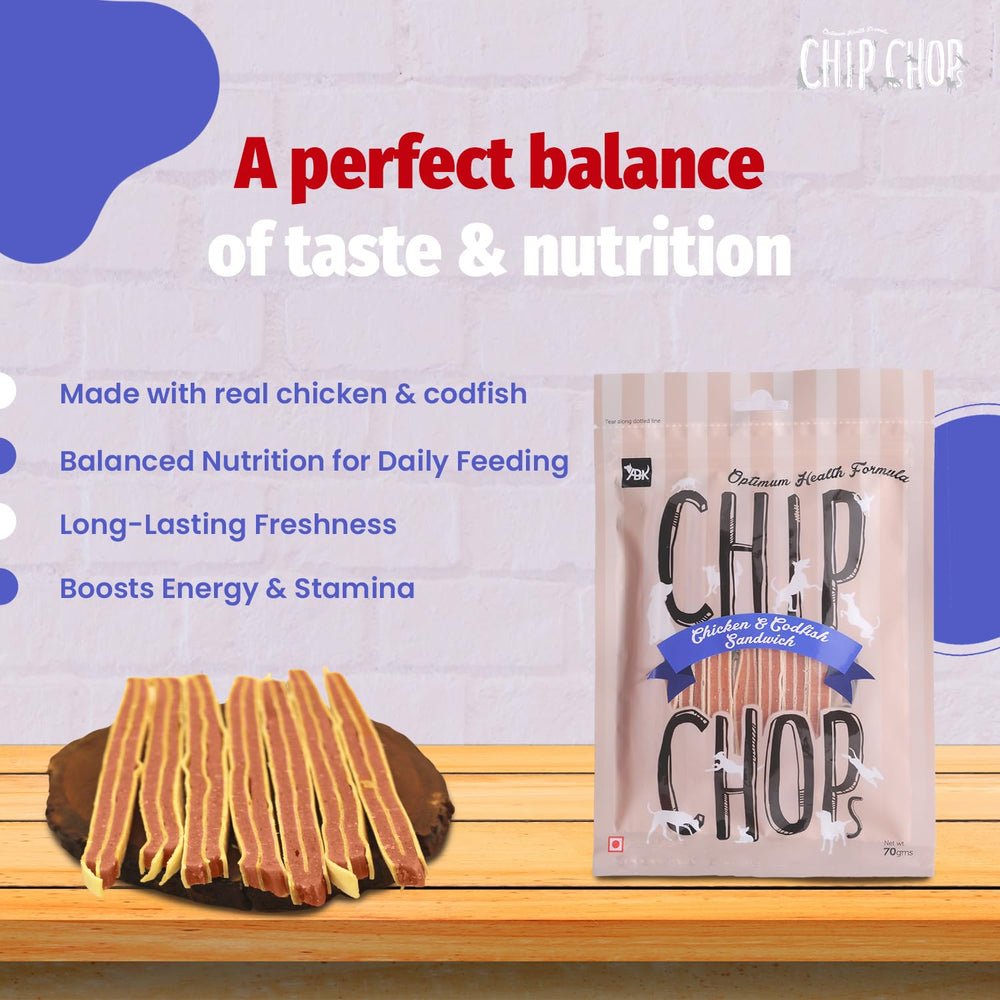 Chip Chops Chicken & Codfish Sandwich Dog Treats.