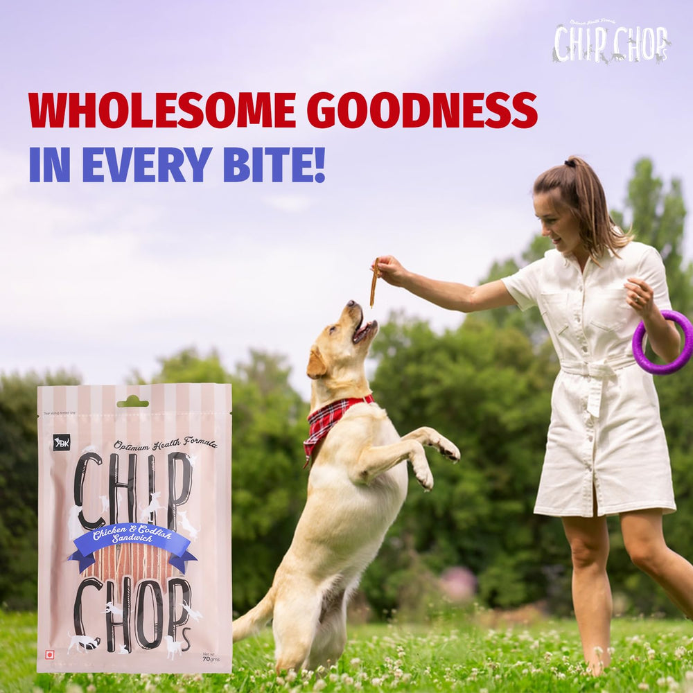 Chip Chops Chicken & Codfish Sandwich Dog Treats.