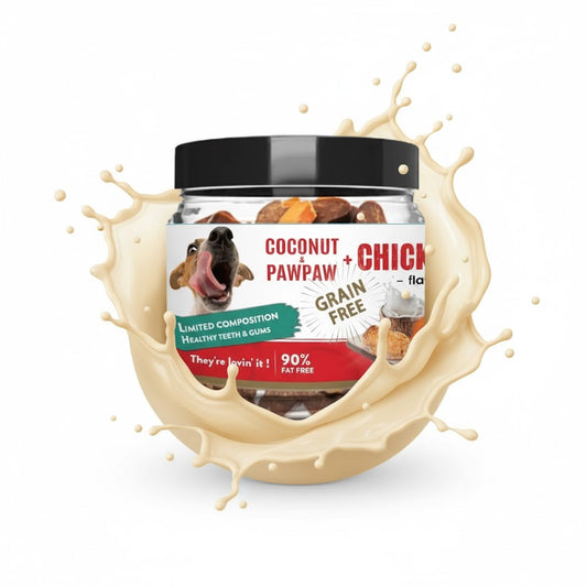 Jar of coconut pawpaw and chicken dog treats with a splash effect on a white background